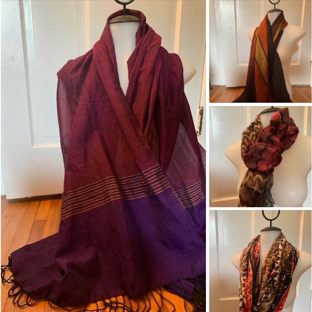 2 woven shawls and 2 scarves, acrylic/cotton blends (gifts, never worn)